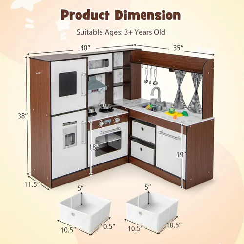 Vista 7 de INFANS Juego de cocina para niños con agua corriente real, juego de cocina de esquina de madera con luz de simulación de sonido y estufa