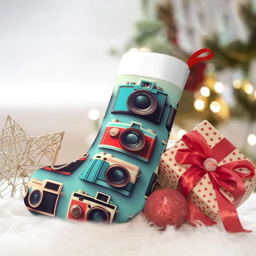 Vista 2 de Retro Cool Camera Collection Print Christmas Stocking, For Family Party Decorations, Xmas Tree,Fireplace Decorations, Xmas Party Decor