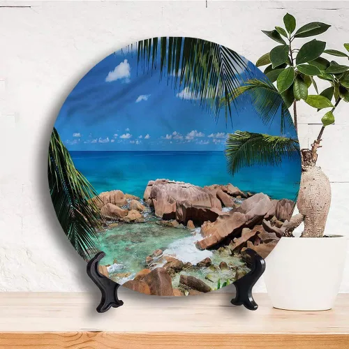 Vista 3 de Placa de exhibición de cerámica, placa decorativa colgante de cerámica turquesa, Palm Tree Coastline, 7 pulgadas, placa de cerámica personalizada