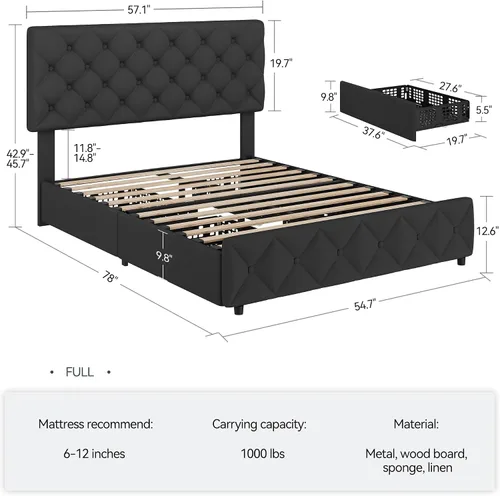 Vista 2 de IDEALHOUSE - Base de cama tamaño matrimonial con 4 cajones de almacenamiento y cabecera ajustable, camas con plataforma tapizada en lino, botones