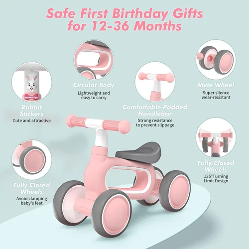 Vista 3 de Bicicleta de Equilibrio para Bebé para Niñas de 1 Año de Edad Regalos, 10-12 Meses Bicicleta de Equilibrio para Niños Pequeños Sin Pedal con 4