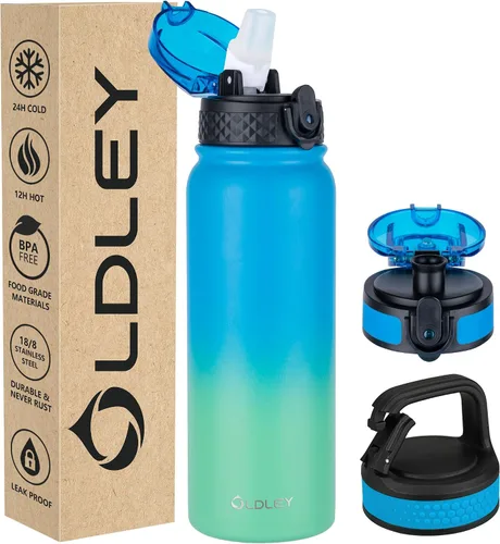 Vista 51 de Botella de agua aislada Oldley de 12 oz con pajita, botella de agua de acero inoxidable con 2 tapas, botellas de doble pared con vacío para adultos