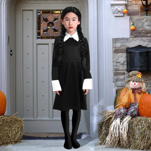 Vista 6 de Wigood Vestido de fiesta para niña de manga larga casual con cuello Peter Pan ajustado y acampanado con calcetines altos de 4 a 14 años Negro