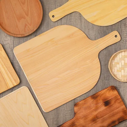 Vista 6 de Nuogo 4 piezas de madera para pizza de 12 pulgadas, espátula de pizza de madera, tabla de cortar natural con mango para restaurante, hornear, pan