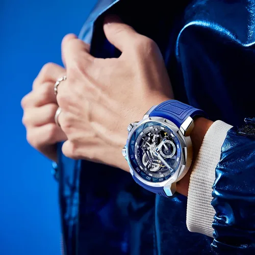 Vista 5 de FEICE FM511 Men's Automatic Skeleton Watch, Luxury Sapphire Crystal Glass Blue Dial Luminous Hands, 5ATM Waterproof Sport Wristwatch with Silicone