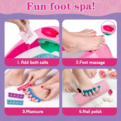 Vista 8 de Juego de spa de pies y uñas para niños, kit de día de spa para niñas, bañera de masaje de pies y secador de uñas, juguetes de manicura, pedicura