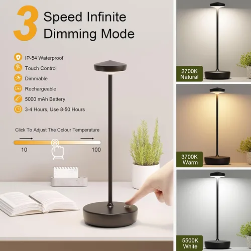 Vista 2 de Lámpara de mesa LED recargable inalámbrica, lámpara de mesa de 5000 mAh con tacto para exterior, lámpara de mesa portátil con batería, con función