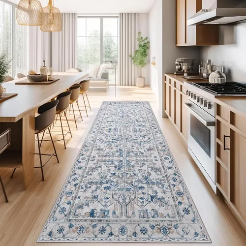 Vista 184 de jinchan Lima - Alfombra simétrica floral geométrica lavable, alfombra de entrada de medio círculo de 2 x 3, alfombra de media luna, suave y Azul