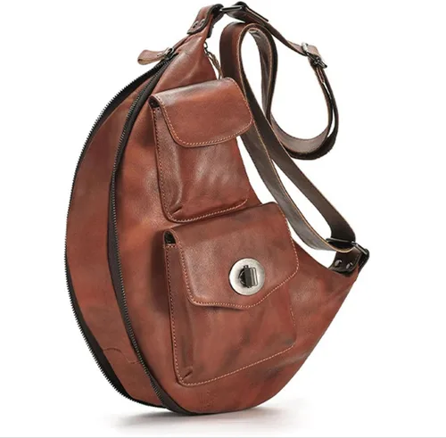 Vista 6 de Bolso bandolera de cuero genuino para hombres y mujeres, mochila en el pecho, bandolera, casual, al aire libre