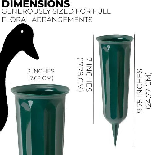 Vista 2 de Black Duck Brand Floreros de flauta conmemorativa de cementerio de plástico verde de 9.75 pulgadas; paquete de 2