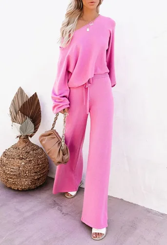 Vista 3 de Pink Queen Conjunto de 2 piezas de suéter de manga larga y pantalones largos de pierna ancha para mujer