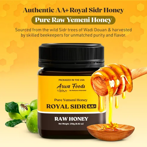 Vista 3 de Arwa Foods Royal Sidr AA+ - Miel cruda Royal Yemeni de Wadi of Douan - Miel cruda 100% sin filtrar, cruda y pura, sellada y empaquetada en Estados