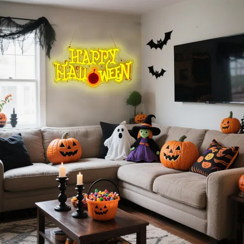 Vista 6 de Letrero de neón de feliz Halloween, letrero de bienvenida de LED para puerta delantera/recámara/hogar/patio, alimentado por USB, 16.5×8.6 pulgadas