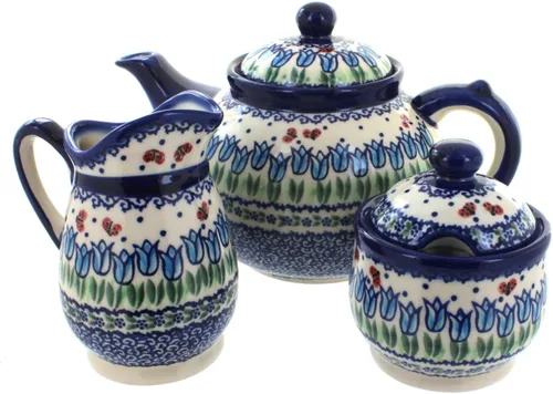 Vista 5 de Cerámica polaca de rosa azul, juego de té de 3 piezas de flor de manzana, tetera de 4 tazas, cerámica polaca pintada a mano, servicio de café y té