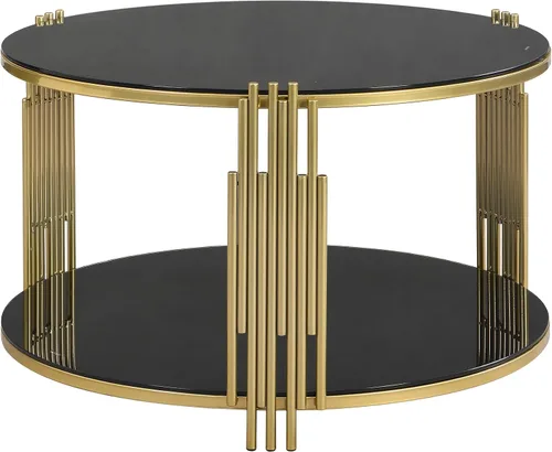 Vista 6 de Mesa de centro de vidrio templado de 31.5 pulgadas, moderna mesa de té dorada de 2 niveles con estante inferior, mesas centrales de lujo con marco