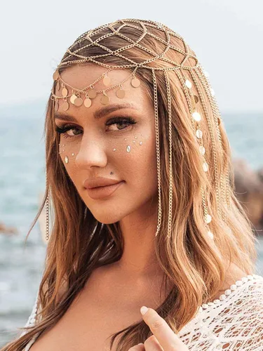 Vista 7 de Yean Diadema de lentejuelas doradas para adultos, joyería bohemia para el cabello, borla para festival, disfraz para mujeres y niñas