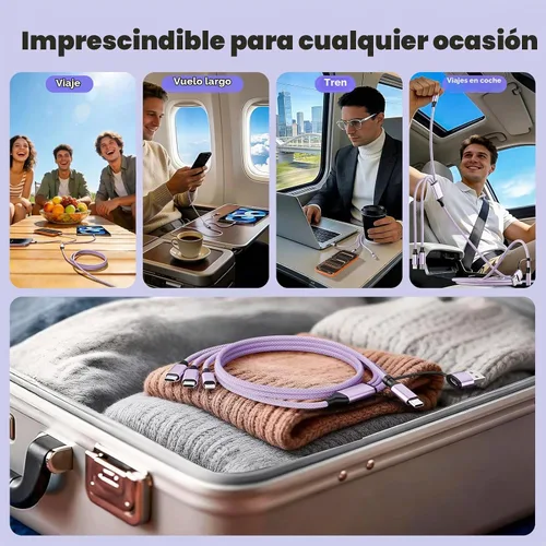 Vista 2 de Cable de carga múltiple para múltiples dispositivos con 2 puertos USB-C/IP Púrpura