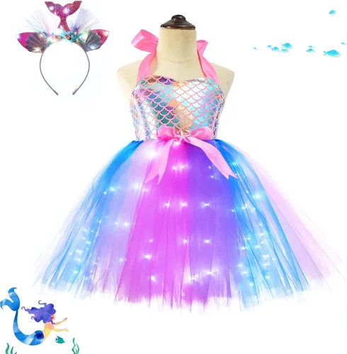 Vista 2 de Girls Mermaid Tutu Dress for Birthday Party, LED Light Up Halloween Mermaid Outfit Dress Up Dress with Headband