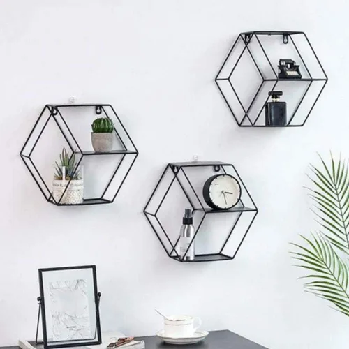 Vista 2 de Ochine Estantes flotantes montados en la pared, exhibición de almacenamiento redonda rústica, estante hexagonal para colgar en la pared, decoración