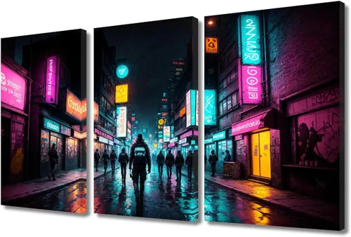 Vista 79 de Lienzo decorativo para pared de sala de estar, lienzo Cyberpunk, decoración de pared de 3 paneles, decoración de pared para el hogar, dormitorio