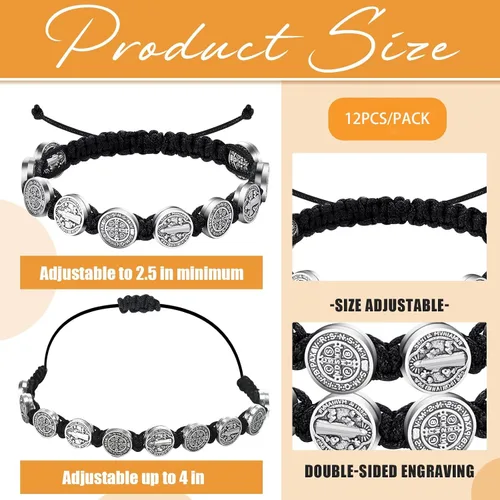 Vista 2 de Paquete de 12/6 piezas Pulseras de San Benito Protección hechas a mano con cordón rojo y negro, pulseras de muñeca Benedict ajustables, medalla