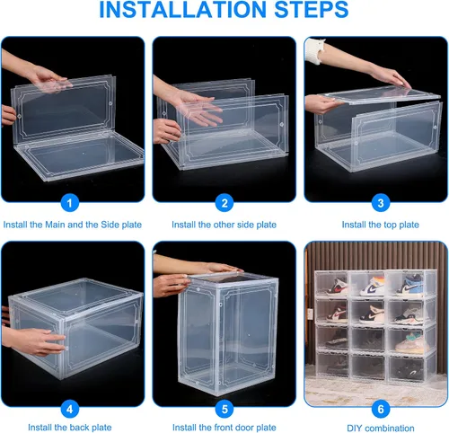 Vista 5 de HIYOHIYO Cajas de zapatos apilables de plástico transparente tamaño 14, contenedores magnéticos para zapatos, caja de almacenamiento plegable