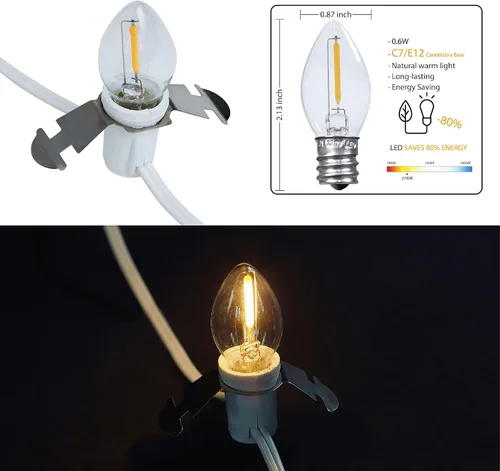 Vista 3 de Cable de accesorio LED con cadena de una sola bombilla, cable de 6 pies con una (1) bombilla LED de candelabro C7/E12 y clip, pueblo de Navidad