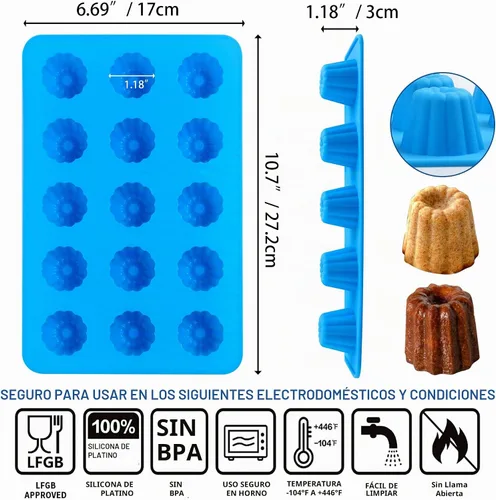 Vista 2 de Sidosir Molde de silicona para canele pequeño, 15 cavidades, mini molde antiadherente de silicona para hornear panecillos, moldes antiadherentes