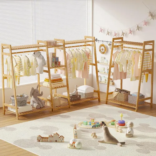 Vista 4 de BAMBOOHOMIE Perchero de ropa para niños con estantes, perchero de ropa de bambú para niños, niños y bebés, perchero de almacenamiento para vestirse