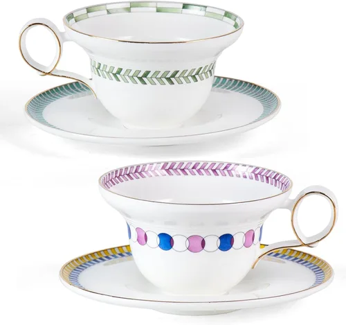 Vista 20 de KAMMAK Juego de 2 tazas de café de cerámica, tazas de café de porcelana con platillos, 6.52 onzas hechas a mano, elegante taza de té de porcelana