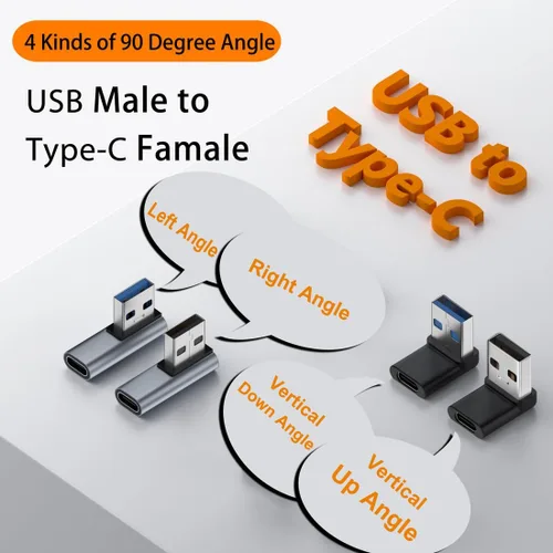 Vista 2 de 4 tipos de adaptadores de 90 grados USB A macho a USB C hembra, vertical arriba y abajo, ángulo izquierdo y recto USB 3.0 a tipo C conector de cable