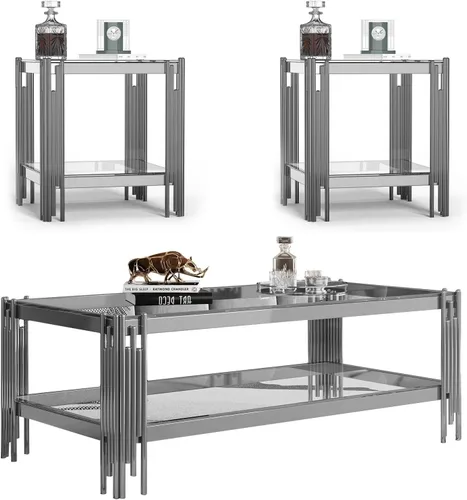 Vista 29 de Mesa auxiliar rectangular de vidrio de 48 pulgadas, mesa de centro de 2 niveles con parte superior de vidrio templado negro, patas de acero