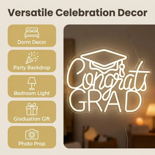 Vista 2 de Letrero de Felicitaciones Graduación Neón 2025 - Decoración de Graduación USB Blanca Cálida para Telón de Fondo, Dormitorio, Noche de Prom