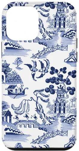Vista 16 de iPhone 14 Pro Preppy Azul y Blanco Willow Patrón Chinoiserie Toile Case