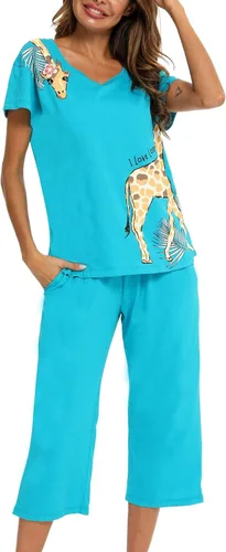 Vista 5 de ENJOYNIGHT Conjunto de pijama de algodón para mujer, parte superior de manga corta y pantalones capri, ropa de dormir de 2 piezas