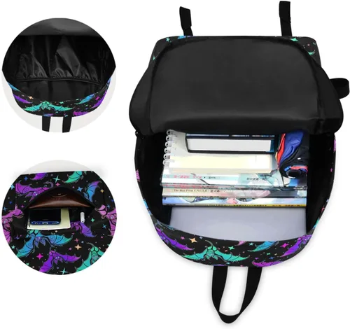 Vista 5 de MNSRUU Mochila para estudiantes para la escuela, Halloween, mochila luminosa de murciélagos para laptop, mochila estética para niñas, niños, mochila
