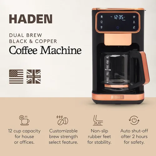 Vista 2 de Haden Cafetera caliente y helada de 12 tazas con 120 minutos para mantener el calor, retrasar la preparación, fuerza ajustable, reloj programable
