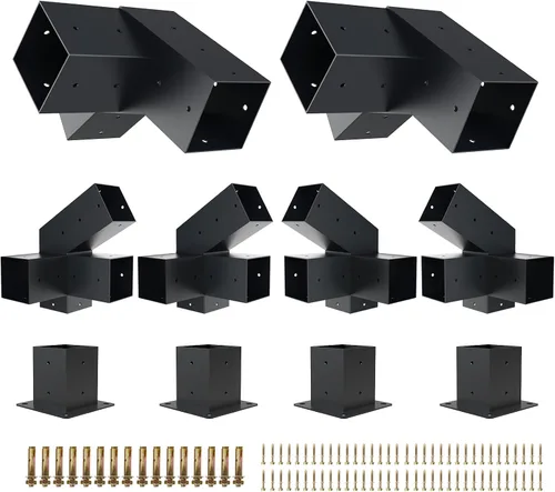 Vista 8 de Kit de pérgola Grehitk - Soporte de esquina de ángulo recto de 5 vías para bricolaje Base de poste de madera para cenadores, patio, cabaña