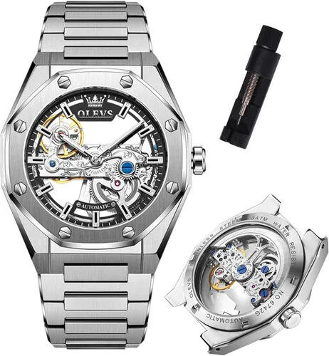 Vista 15 de OLEVS Relojes automáticos para hombre, reloj mecánico de lujo con cuerda automática, Tourbillon, reloj de esqueleto, reloj de negocios con diamantes