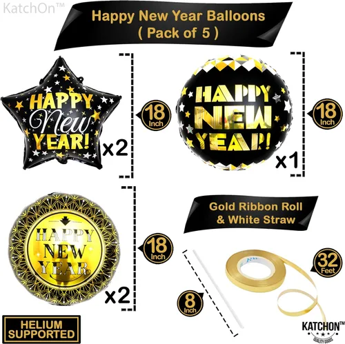 Vista 4 de KatchOn, Globos negros y dorados de Año Nuevo – 18 pulgadas, paquete de 5 Globos de feliz año nuevo para suministros de fiesta de Año Nuevo 2025