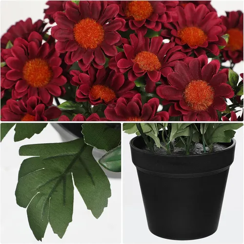 Vista 3 de Flores artificiales de crisantemo en maceta negra de 9 pulgadas, plantas artificiales de seda para decoración de interiores y exteriores, centro