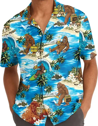 Vista 5 de American Bigfoot - Camisa hawaiana para hombre, divertida camisa hawaiana con botones Sasquatch de manga corta para hombre