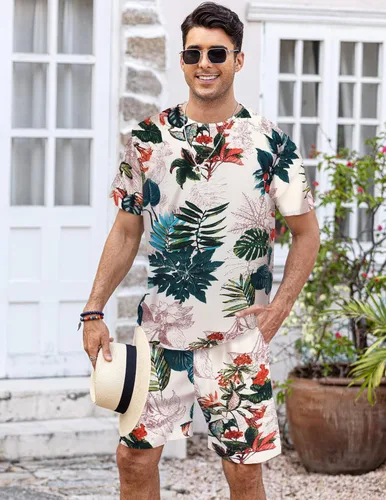 Vista 3 de COOFANDY Conjunto de camiseta hawaiana para hombre, trajes de playa florales de 2 piezas