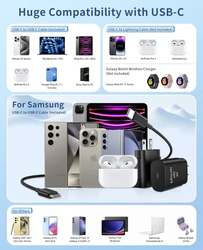Vista 7 de Cargador Tipo C de Carga Rápida, Paquete de 2 Cargadores USB C Súper Rápidos de 25 W con Cable USB C de 6 Pies Compatible con Samsung Galaxy S24