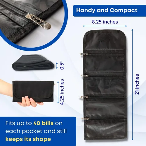 Vista 4 de Tidy Pockets Organizador de dinero para dinero en efectivo, con 4 cremalleras, organizador de efectivo para facturas, organizador de dinero