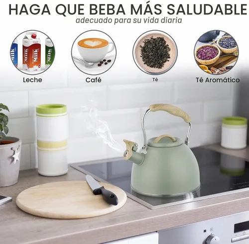 Vista 4 de Tetera de 3.0 cuartos de galón para estufa, tetera de acero inoxidable, hervidor de agua de grado alimenticio con mango de madera para café, té
