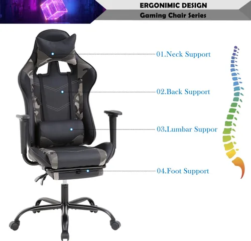 Vista 6 de Silla para videojuegos, silla reclinable de piel sintética con soporte lumbar, reposacabezas y respaldo alto, silla de oficina de carreras, silla