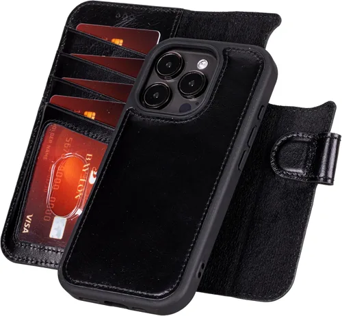 Vista 105 de Bayelon Funda tipo cartera para iPhone 15 Pro, cartera de cuero de grano completo, funda magnética desmontable, tarjetero, funda tipo cartera