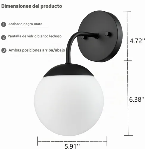 Vista 4 de Aplique de pared negro moderno de estilo nórdico con pantalla de vidrio de globo lechoso Juego de 2 luces de tocador, accesorio de iluminación