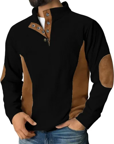 Vista 5 de Camisas de pana para hombre, con un cuarto de botón, estilo vintage, casual, a la moda, con parche en el codo